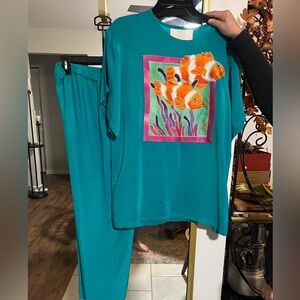 Teal Fish Print 100% real silk lounge wear
